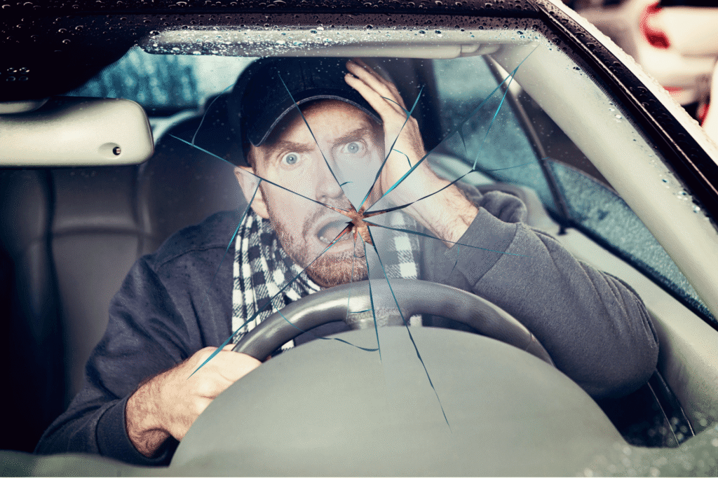 Conducteur qui roule avec un pare-brise fissuré et risque accident et sanctions