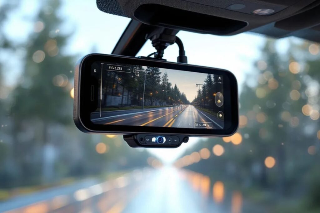 Caméra de pare-brise d'une voiture calibrée et installée à l'arrière du rétro viseur 
