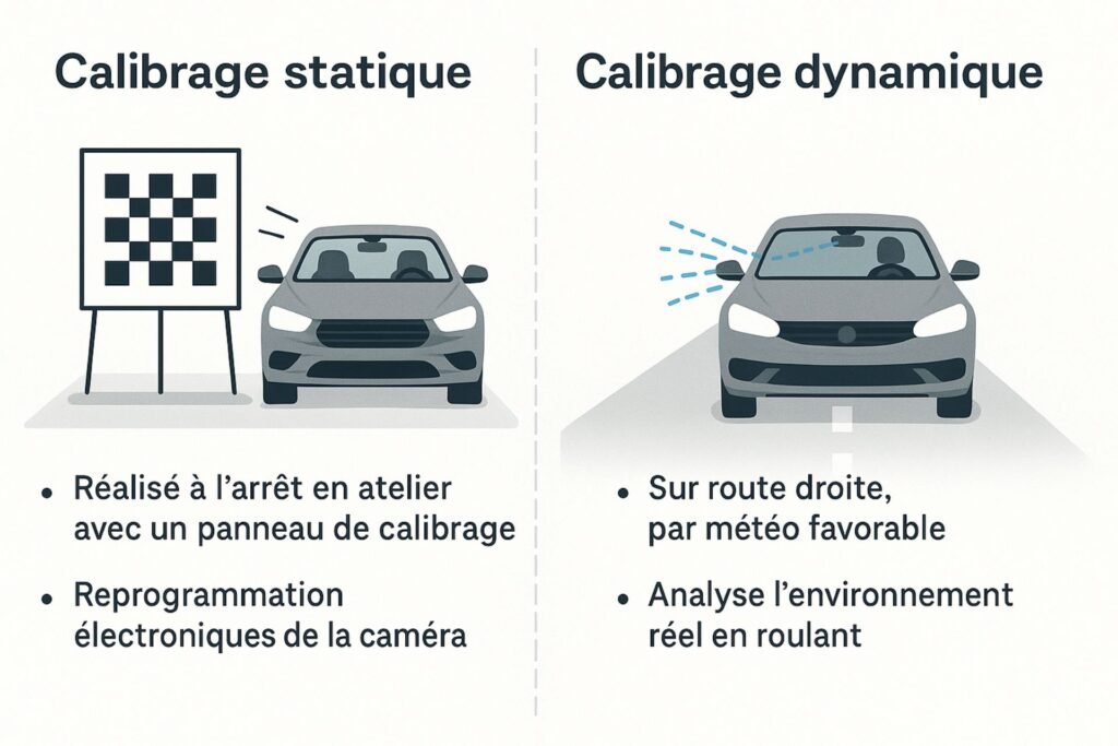 Schéma comparatif d'un calibrage statique et d'un recalibrage dynamique de caméra de pare-brise sur Adas de voiture