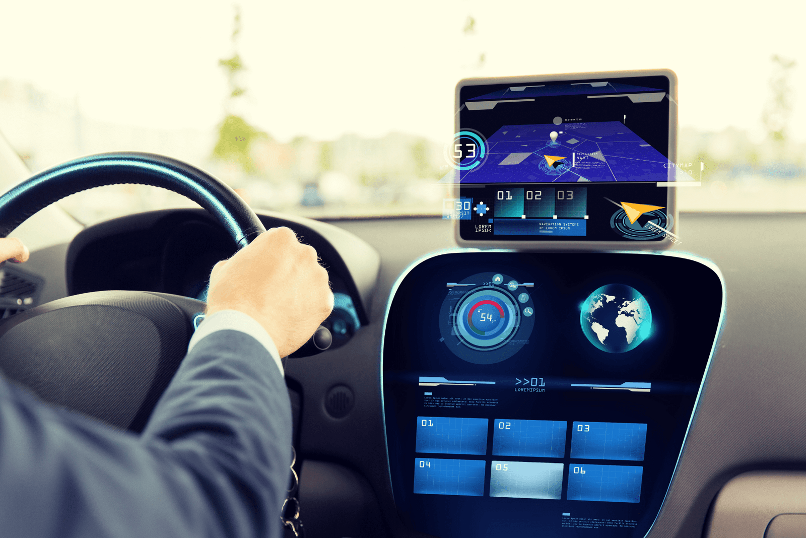 Véhicule moderne équipé de systèmes d’aide à la conduite et capteurs ADAS