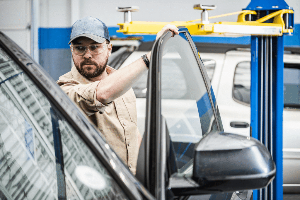Technicien ADAS spécialiste du vitrage auto effectuant un recalibrage du Front Assist indisponible en atelier