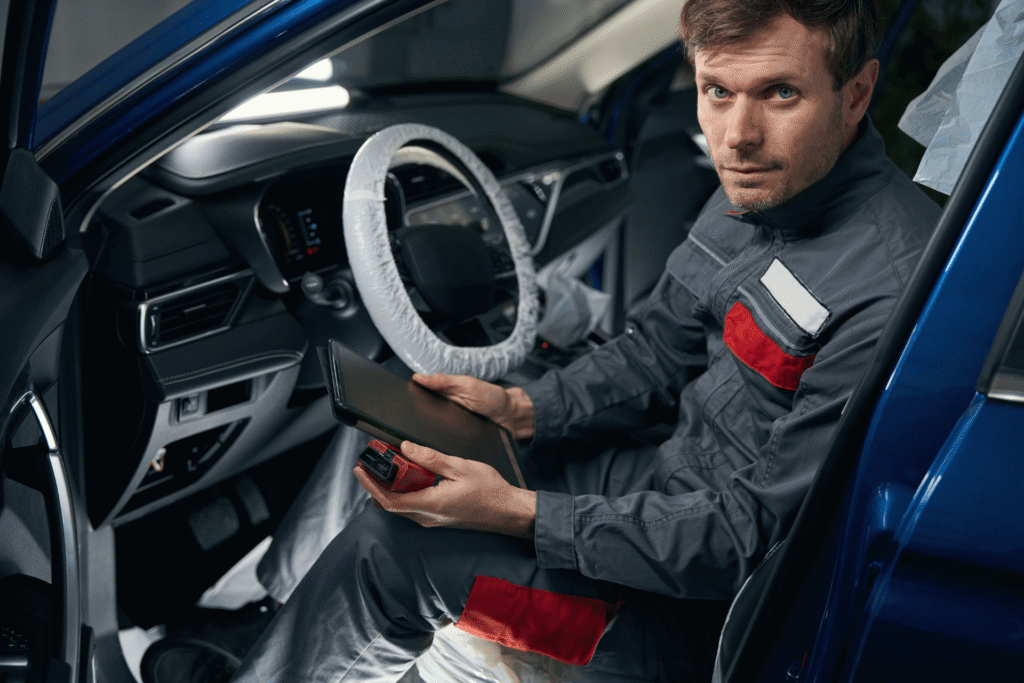 Technicien vitrage automobile réalisant le calibrage des systèmes d’aide et d’assistance à la conduite
