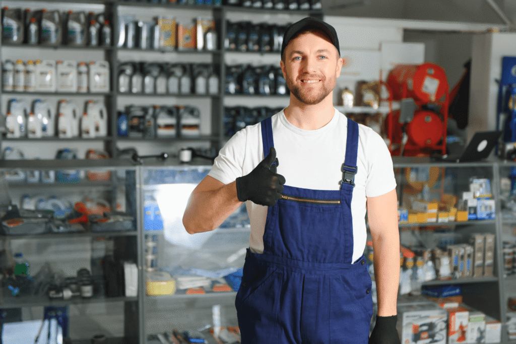 Garagiste mécanicien souriant, satisfait des résultats obtenus grâce à la formation au calibrage ADAS