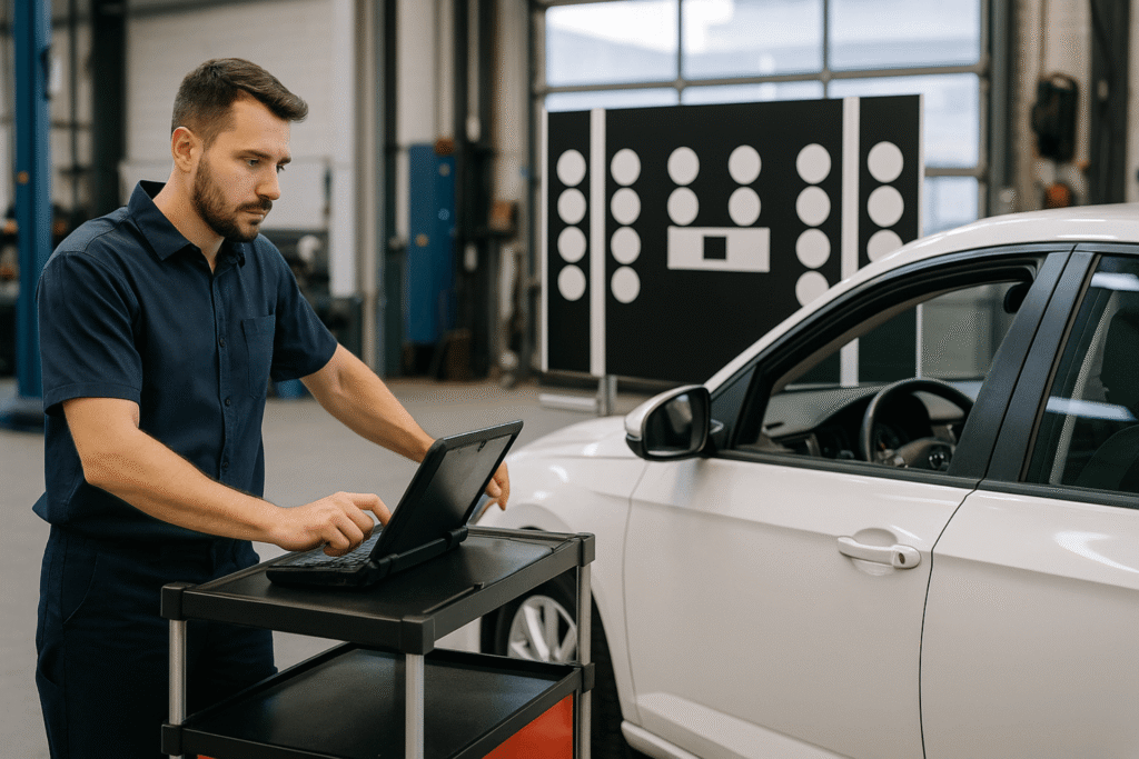 Technicien en formation vitrage automobile apprenant la spécialisation ADAS et le calibrage de caméra de pare-brise sur véhicule