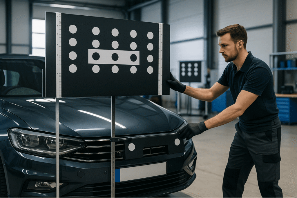 Technicien positionnant un panneau ADAS sur portique lors d’un calibrage en atelier, étape présentée dans la formation ADAS.